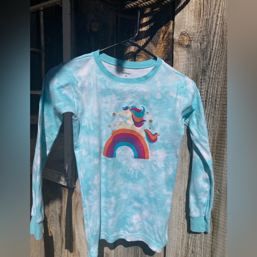 Unicorn rainbow with clouds girls shirt, size 12.